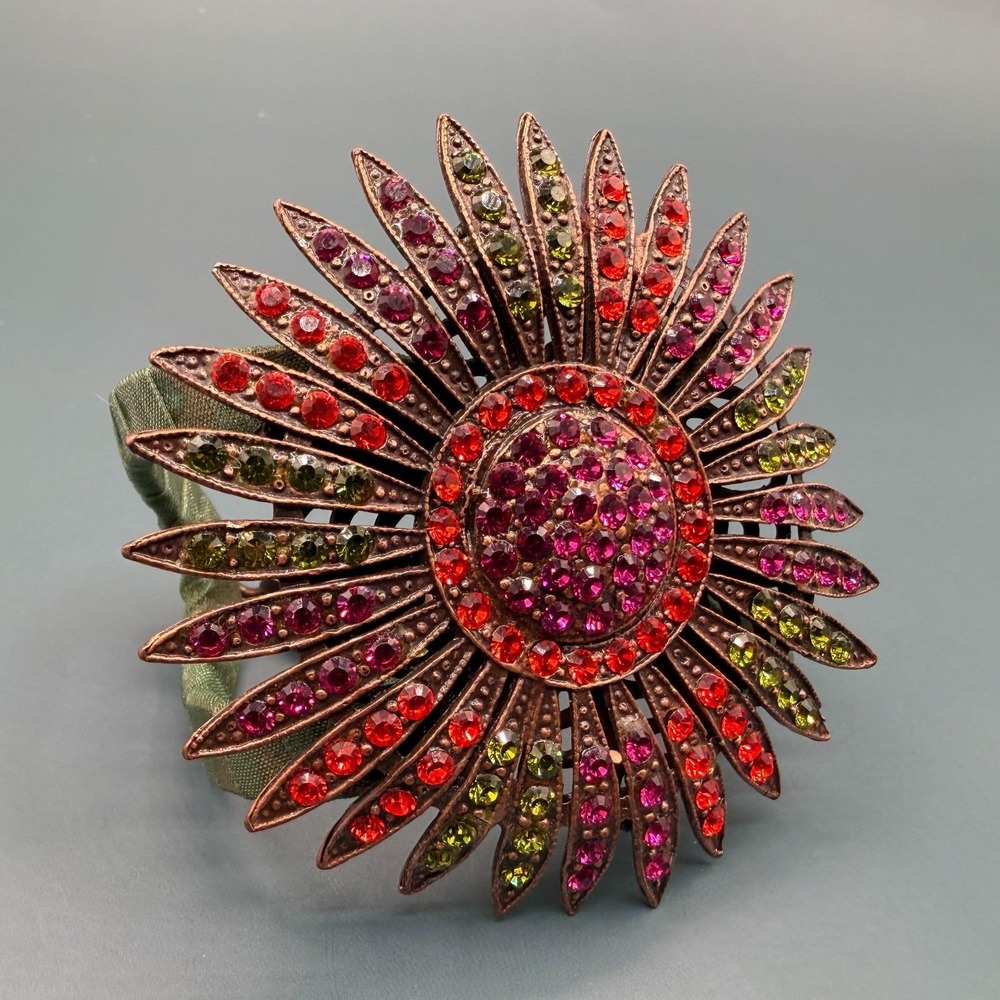 Antique Copper Tone Rhinestone Sunburst Flower Bracelet Green Fabric Vintage